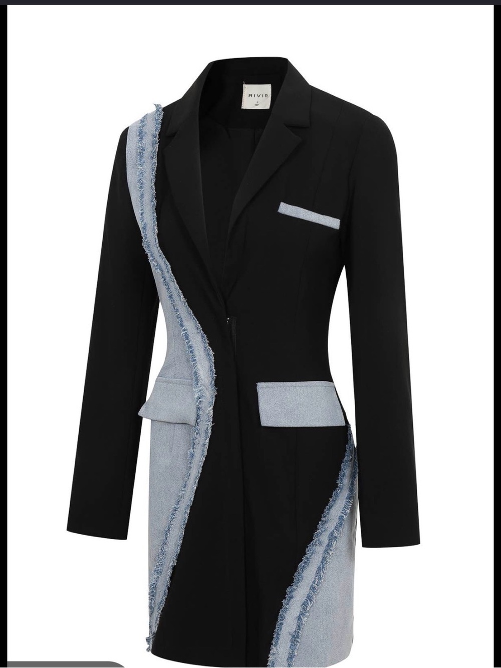 Black Blazer with Light Blue Frayed Trim